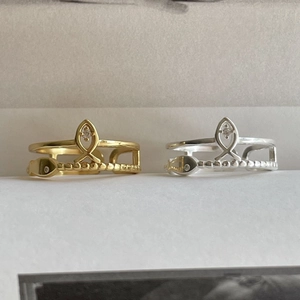 Minimalist S925 sterling silver double-layered open rings with Ichthys fish and zircon