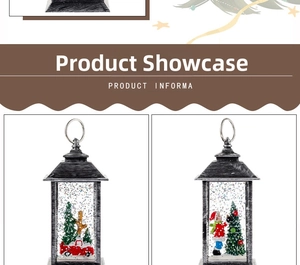 Detail of vintage silver brushed Christmas lanterns with Santa and red truck scenes