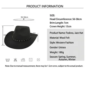 Wool felt western cowboy hat size chart with dimensions for 56-58cm brimmed jazz hat