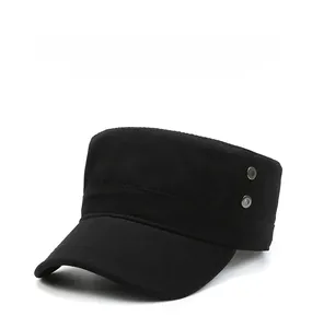 Detail view of black cotton military flat top cap with breathable side metal eyelets