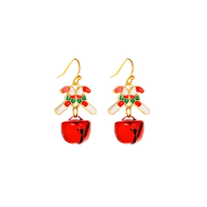 Detail of Christmas candy cane earrings with festive red bells and gold-plated hooks