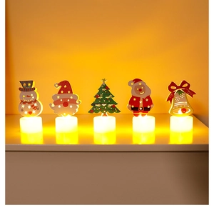 Detailed macro of five festive Christmas LED candle lights featuring Santa and Snowman shapes
