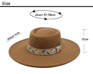 Size chart for wide brim wool fedora hat with 57-58cm circumference and 9cm brim width