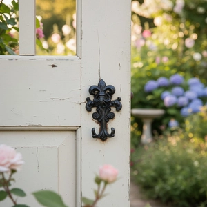 Vintage black cast iron fleur-de-lis wall hook mounted on a rustic white wooden door