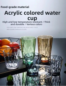 Detailed view of faceted acrylic colorful tumblers for juice and tea on a tray