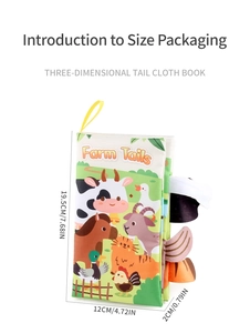 Detailed view of baby farm tail book with dimensional animal tails and size dimensions