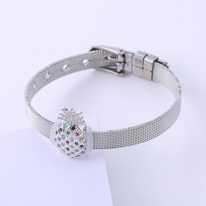 Silver mesh bracelet with colorful gemstone pineapple slider and pin buckle clasp