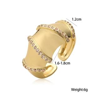 Wide 18K gold plated geometric ring with four rows of sparkling brown zircons