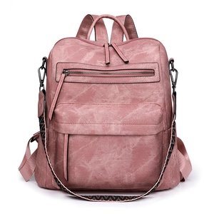 Versatile dusty pink PU leather backpack for women with detachable jacquard strap