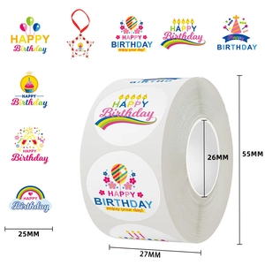 Detailed size chart for Happy Birthday adhesive stickers showing 25mm diameter roll labels