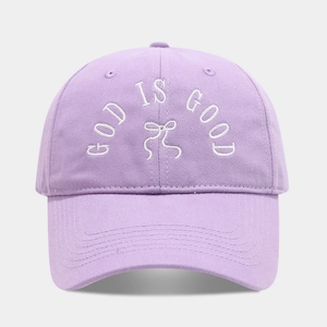 Detail of lavender cotton baseball cap with God Is Good text and bow embroidery