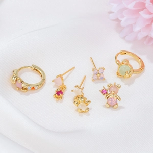 6-piece gold earring set with pink zircons, cute bears, flowers, and stars for women