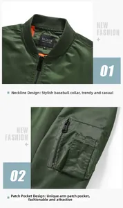 Detail of army green flight jacket showing ribbed collar and zipper pocket on sleeve