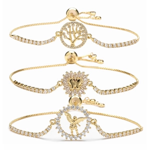 Gold Plated Copper Zircon Adjustable Bracelet Tree Of Life Butterfly Angel Mom Family Charm Jewelry Gift For Women