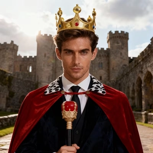 Detailed view of the royal king cape set with a golden crown and matching scepter