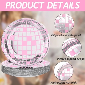 Detail of pink disco ball paper plates showing oil-proof surface and pleated support design
