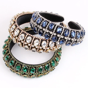 Baroque padded headband with grid pattern crystals in emerald, royal blue, and white