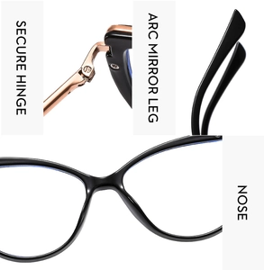 Detail of cat eye glasses showing secure rose gold metal hinges and arc mirror legs