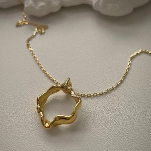 Minimalist 925 sterling silver gold irregular wavy circle pendant necklace for women