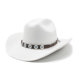 White wool felt western cowboy hat with brown studded band and turquoise accents