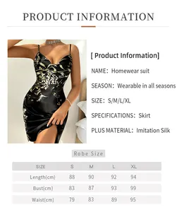 Detailed size guide table for silk-like floral slip nightdress from size S to XL