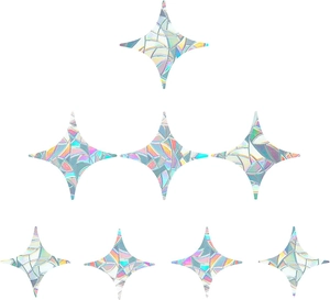 Close-up of eight silver laser rainbow star-shaped window stickers with geometric texture