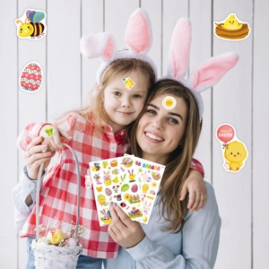 Colorful Easter stickers set with cartoon rabbits, eggs and chicks for DIY party decor