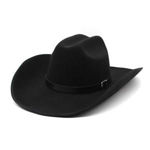 Classic black felt western cowboy hat with a decorative silver buckle band on white background