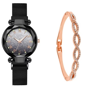 Detail of luminous star dial watch with magnetic strap and sparkling diamond bracelet