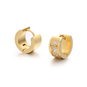 Golden titanium steel C-shaped hoop earrings with inlaid zircons and brushed texture