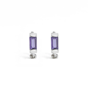 Close-up of S925 silver hoop earrings with purple rectangular zircon gemstones