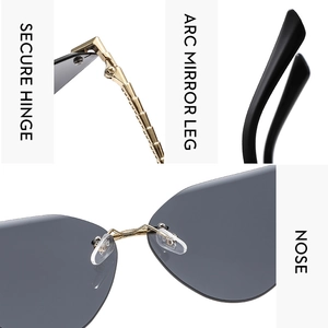 Detail view of cat eye sunglasses showing secure hinges, curved legs, and comfortable nose pads