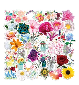 Close-up of 50 floral stickers featuring roses, sunflowers, and daisies for laptop and luggage