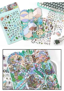 Detail of 2.5D indoor scene stickers with miniature furniture and home decor elements