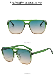 Detail of pilot sunglasses with green tea frame and blue-brown gradient lenses
