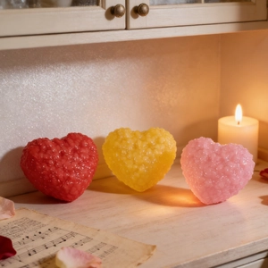 Three colorful heart candles with granular texture on a wooden surface for decor