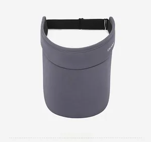 Top down view of grey ice silk sun visor with UALABEL branding and adjustable elastic strap