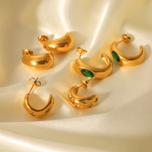 Vintage 18K Gold Plated Stainless Steel Stud Earrings For Women With Zircon C-Shape Teardrop Star Patterns Elegant Jewelry