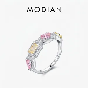 925 Sterling Silver Ring Colorful Square Cubic Zirconia Geometric French Style Elegant Jewelry For Women