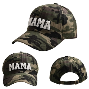 Detailed views of camouflage MAMA baseball cap showing front embroidery and metal buckle