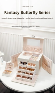Detailed view of white leather multi-layer jewelry box with pink velvet lining and mirror