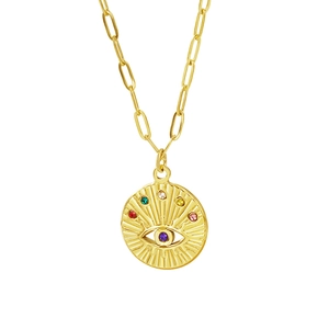 Golden paperclip chain necklace featuring a colorful rhinestone evil eye disc pendant