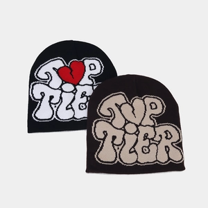Knitted jacquard beanies in black and dark coffee featuring Top Tier heart graffiti design
