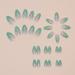 Mint green gradient almond false nails with white wave patterns and glitter line art