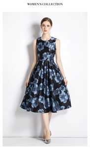 Elegant sleeveless floral dress in black and blue with premium satin texture finish