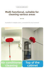 Detail of extendable ceiling fan duster with red microfiber head cleaning high surfaces
