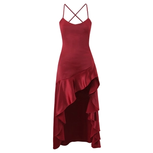 Deep red satin slip dress featuring cross-back straps and asymmetrical ruffled hemline