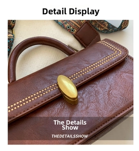 Detail of brown litchi grain leather bag featuring gold oval buckle and ethnic strap