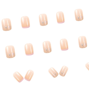 Short square press-on nails set with french tips and champagne glitter gradient style
