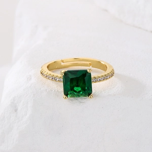 Luxury gold plated emerald zircon geometric open ring with micro-paved white crystals